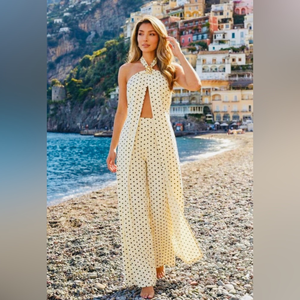 Polka Dot Halter Jumpsuit - Cream/Black